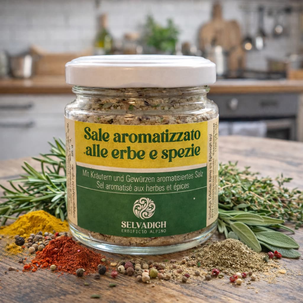 Mit Kräutern und Gewürzen aromatisiertes Salz, Selvadigh Erbificio Alpino