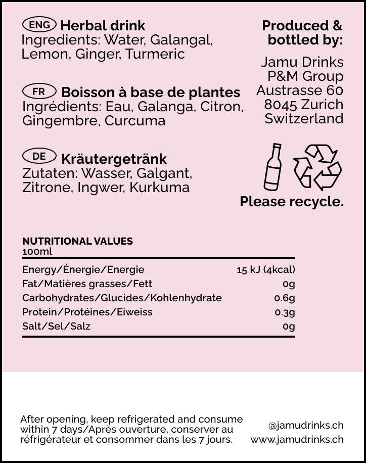 Jamu Bliss, Galangal drink, prodotto artigianale per la vendita diretta in Svizzera
