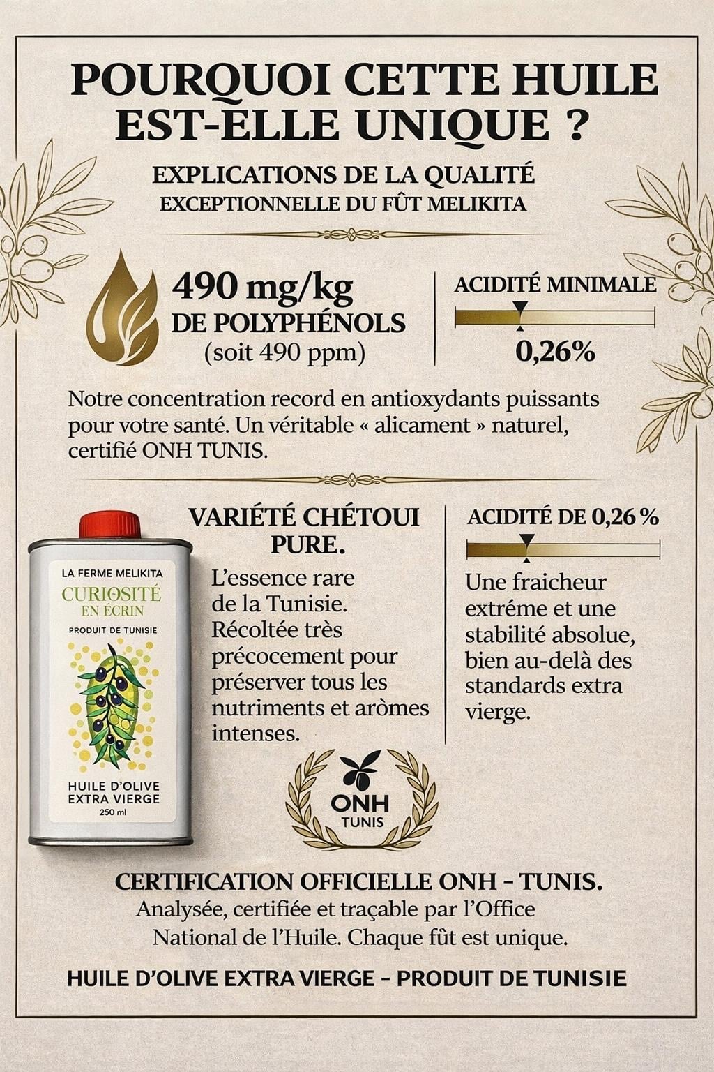 Huile d'olive Chetoui du Domaine de Béja (Tunisie) - 250ml⁠, La Ferme Melikita , Crissier, Vaud