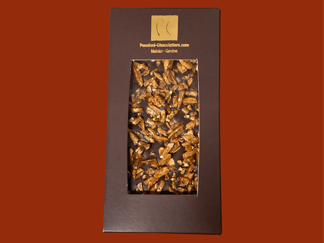 Tavoletta di cioccolato fondente con mandorle caramellate 100g, Pallanterie Chocolatiers, Meinier, image 1 | Mimelis