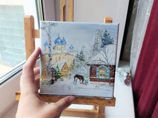 Dipinto ad olio fatto a mano Inverno in campagna image 1
