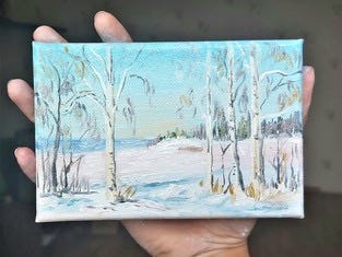 Handmade oil painting Winter birch, Quantum Satis Workshop, Uetikon am See, image 1 | Mimelis