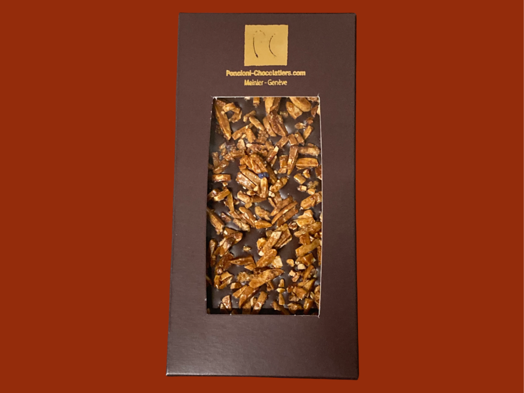 Dark chocolate bar with caramelized almonds 100g, artisanal product for direct sale in Switzerland