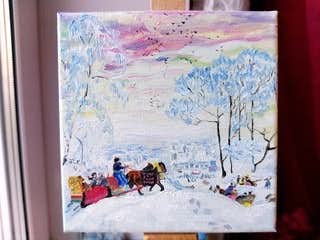 Handmade oil painting Winter sledding image 5