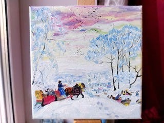 Handmade oil painting Winter sledding, Quantum Satis Workshop, Uetikon am See, image 5 | Mimelis